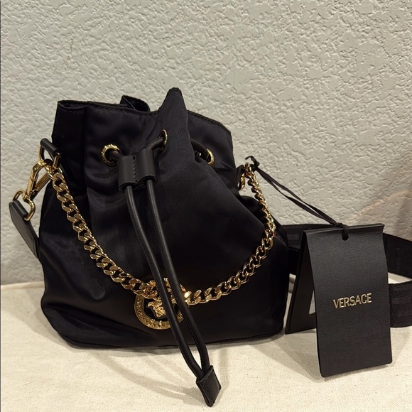 Versace Handbags - NWT Versace Black Bucket Bag with Gold Accents